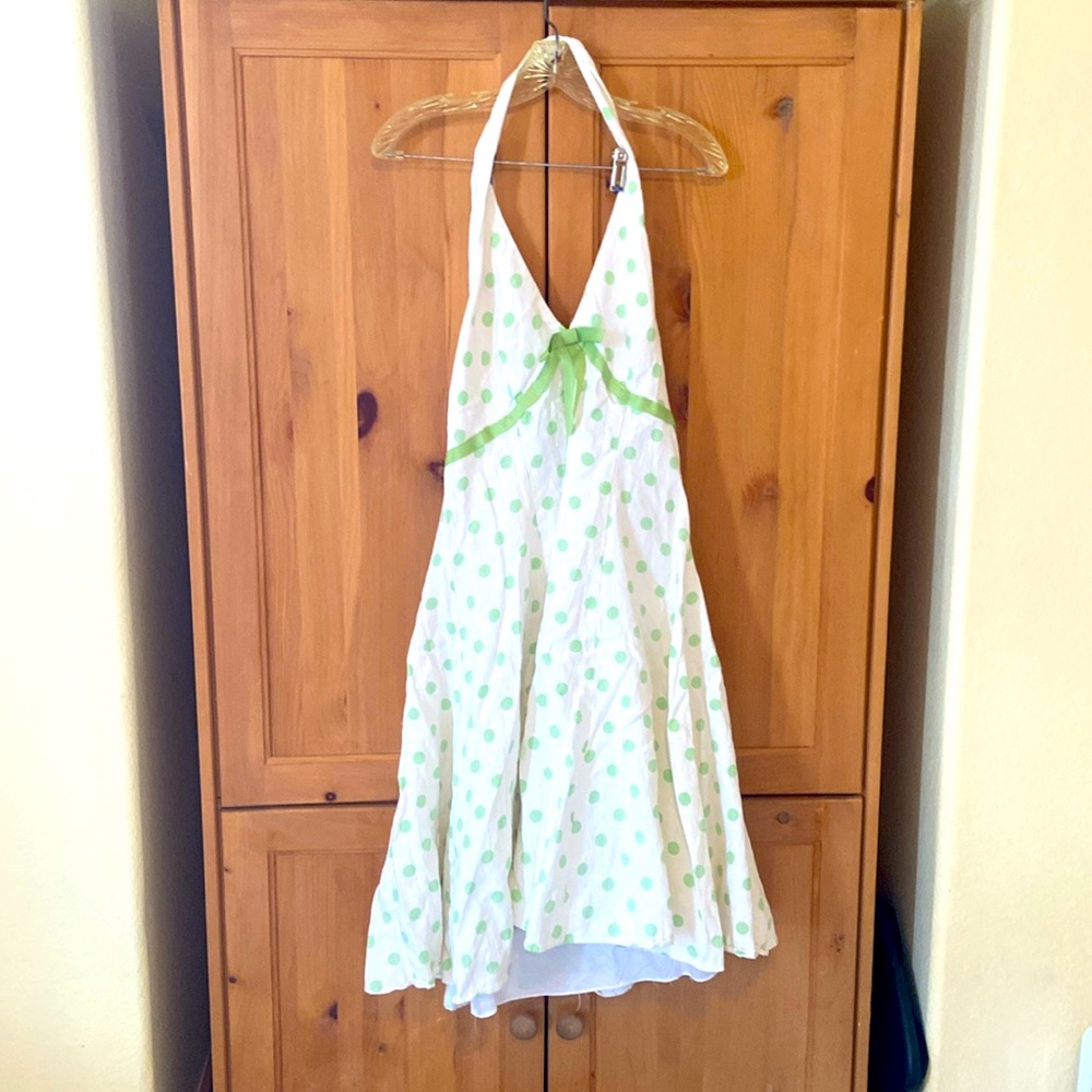 Eliza J New York Halter Polka Dot dress Cream with pastel green dots. 12